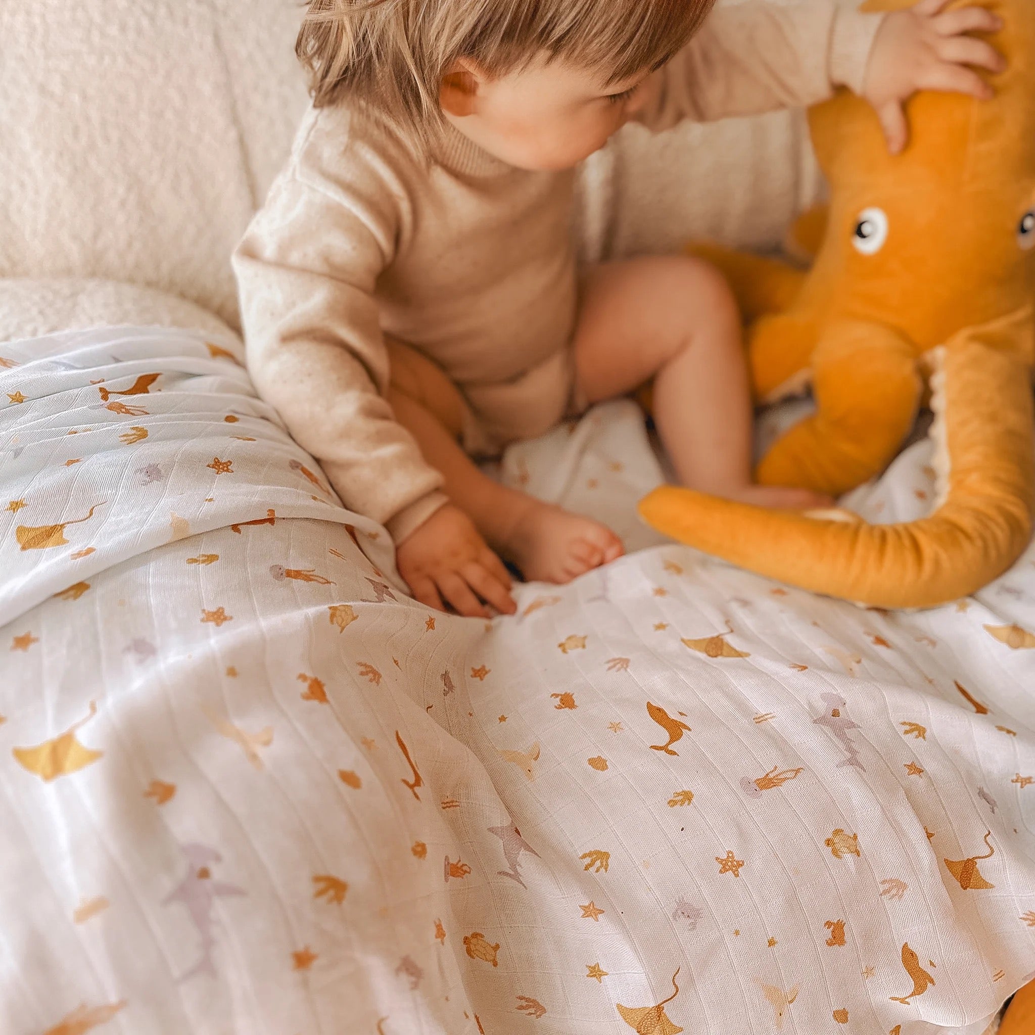 ocean creatures sky organic muslin wrap swaddle