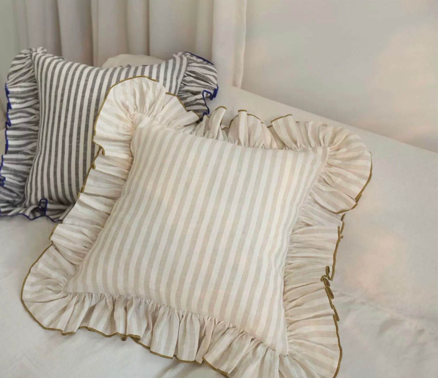 frill striped linen cushion cover