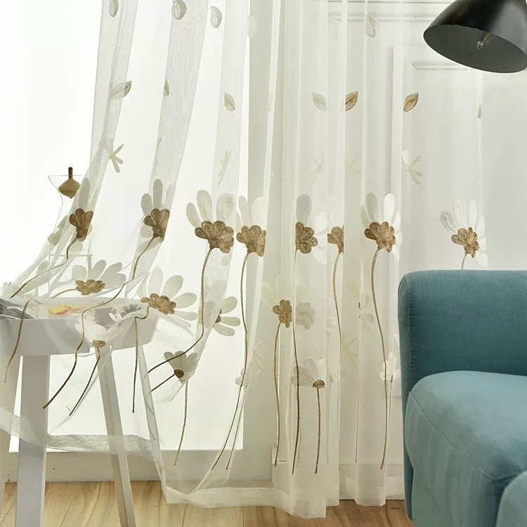 flower embroidered sheer curtain