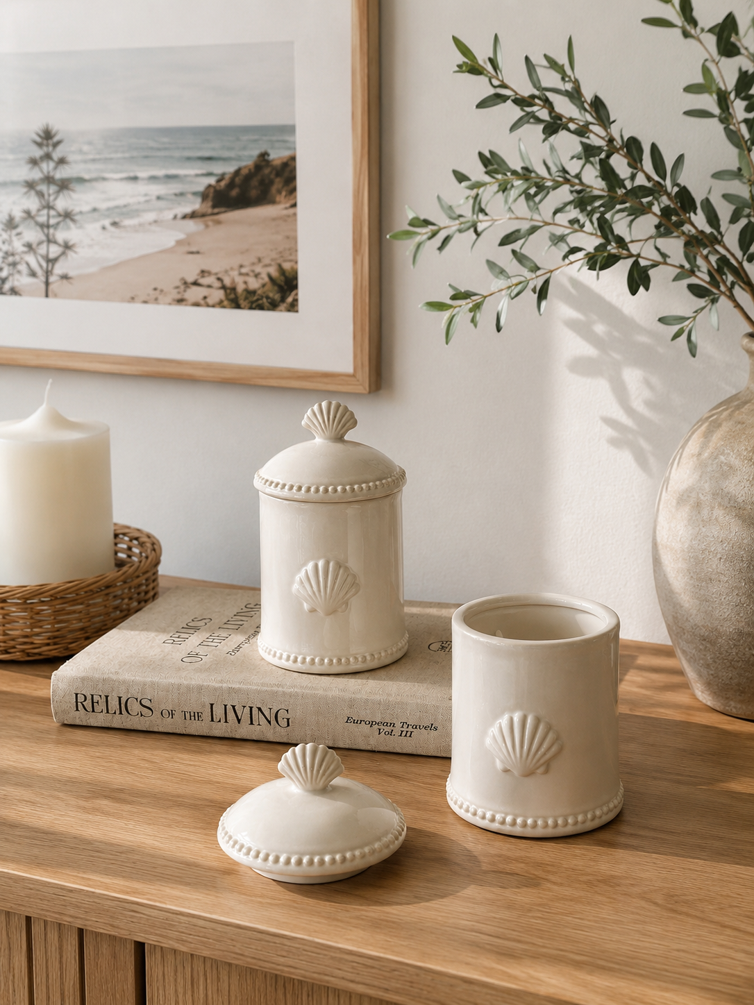 shell embossed ceramic canister