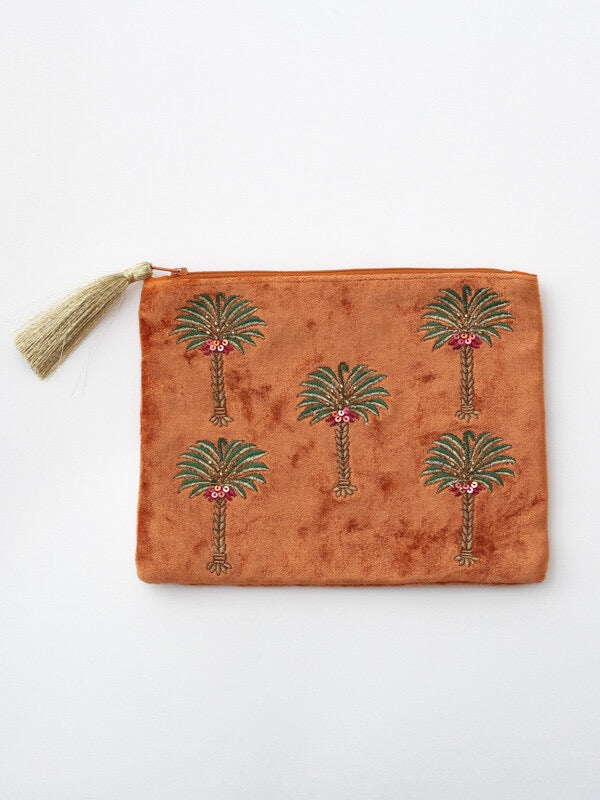 orange palm embroidered velvet pouch