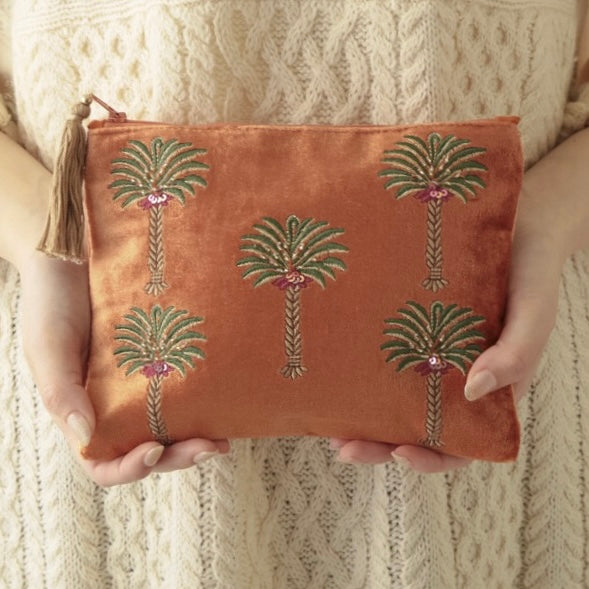 orange palm embroidered velvet pouch