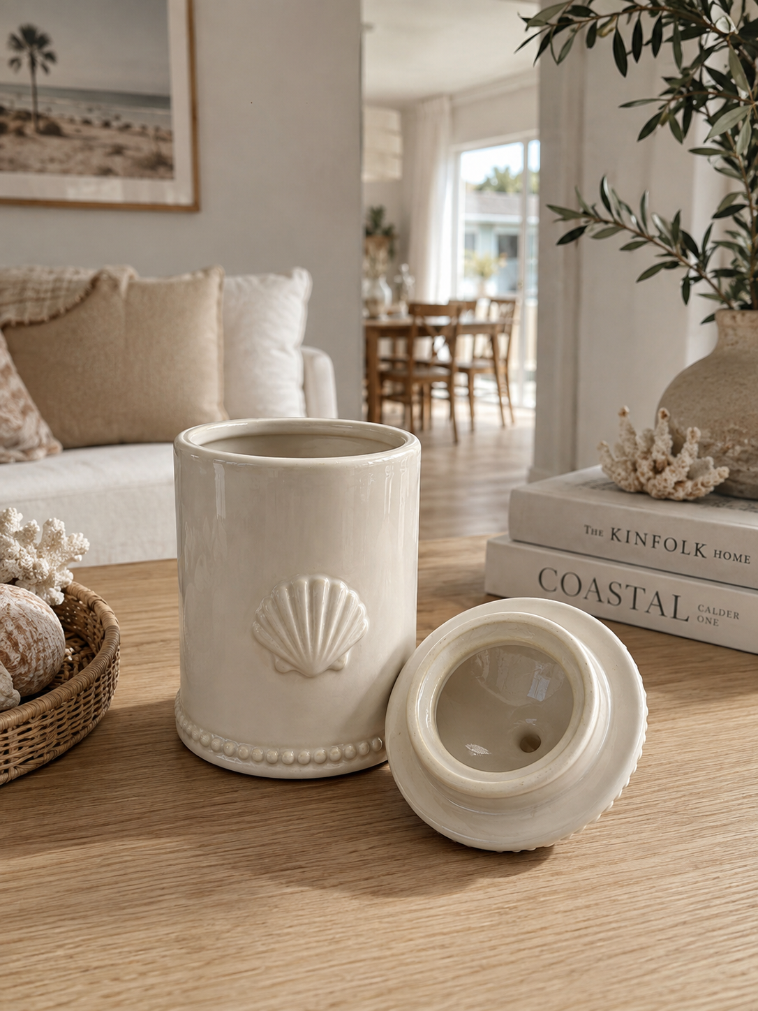 shell embossed ceramic canister