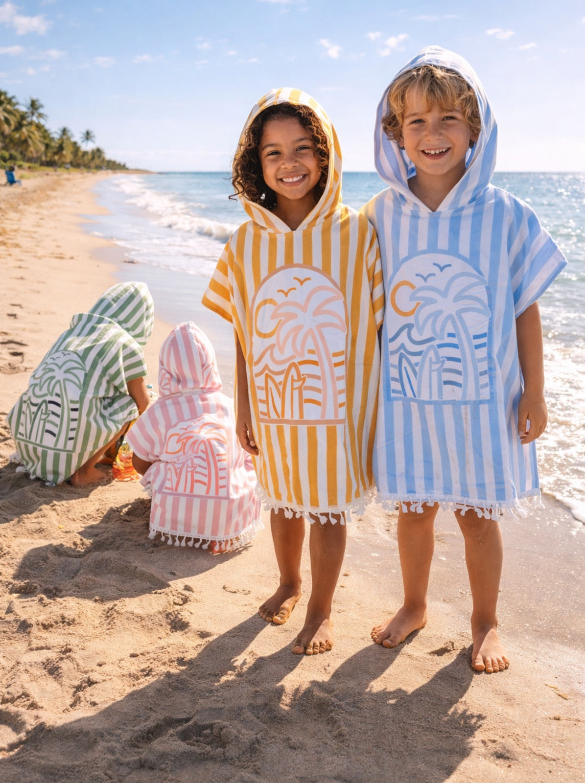 kids towel poncho w/ bag striped palm