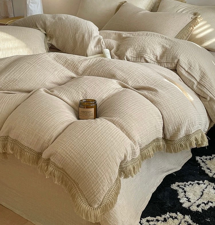 fringe cotton bed cover set