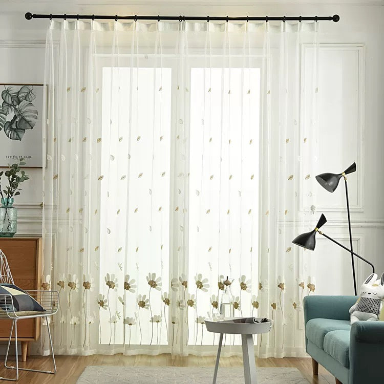 flower embroidered sheer curtain
