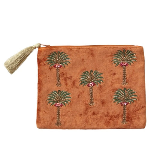 orange palm embroidered velvet pouch