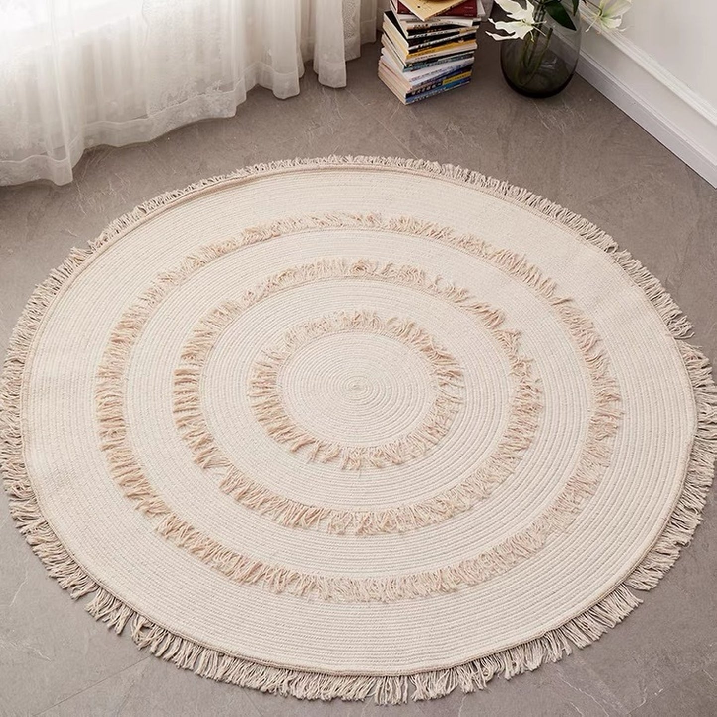round fringe hand woven rug